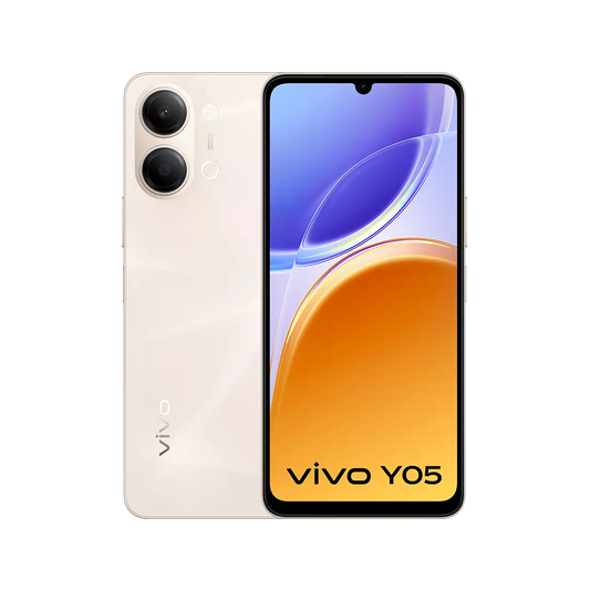 vivo Y05 | Unisoc T7225 Processor | 4GB RAM + 64GB Storage | 6.74" HD+ 120Hz Display | 8MP Rear Camera | 5MP Selfie Camera | 6500mAh Battery | 15W Fast Charging | Side Fingerprint Sensor | IP65 Dust & Water Resistance | Android 16